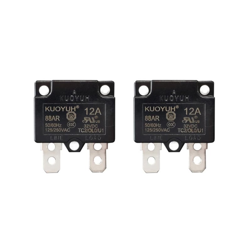 KUOYUH Circuit Breaker Thermal Overload 88 Series 3-30A Quick Connect Terminals 32VDC 125/250VAC 50/60Hz Auto-Reset 2-Pack (12A)